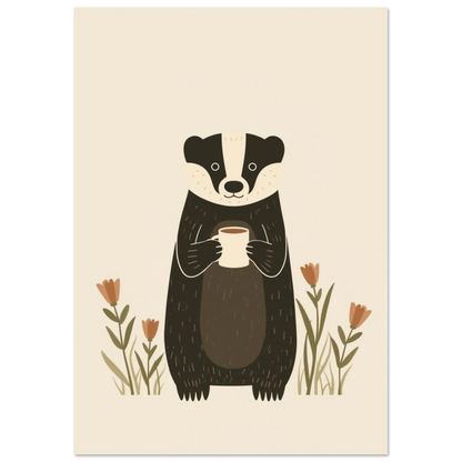 Tecknad grävling som håller en kaffekopp, omgiven av enkla blommor – Tecknad poster
