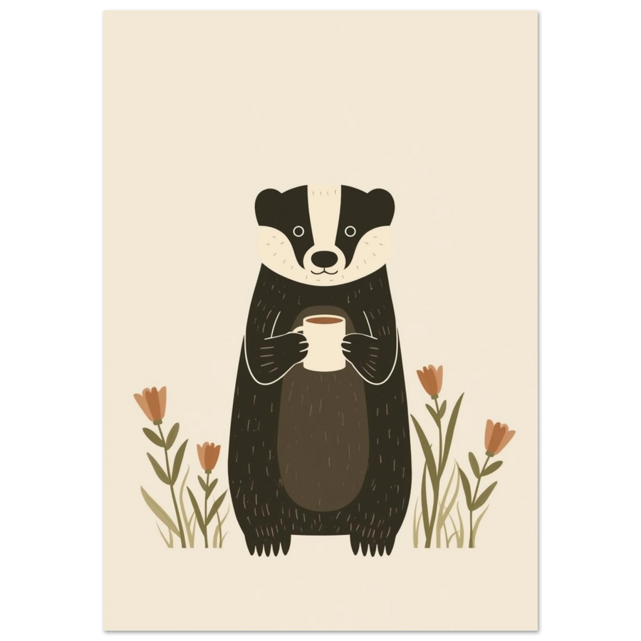 Tecknad grävling som håller en kaffekopp, omgiven av enkla blommor – Tecknad poster
