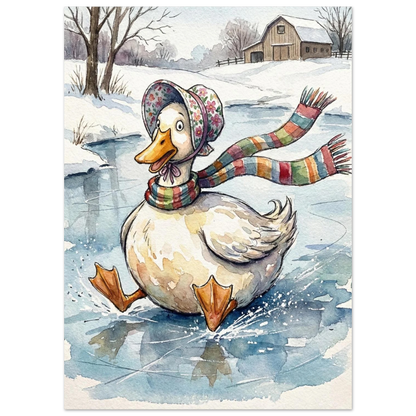 Akvarellmålning av anka med randig halsduk i snöigt landskap