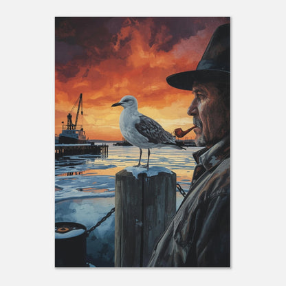 Vintermotiv med mås och fiskebåt i solnedgång, konstnärligt print för vardagsrum
