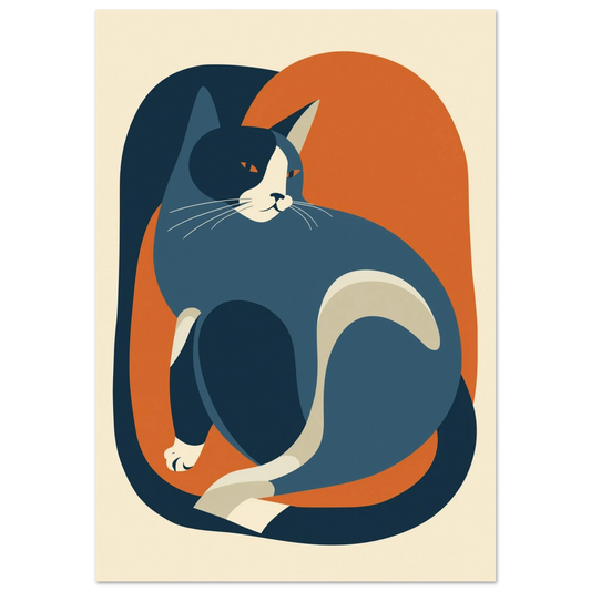 Grafisk illustration av en blå katt i modern papperskonst-stil