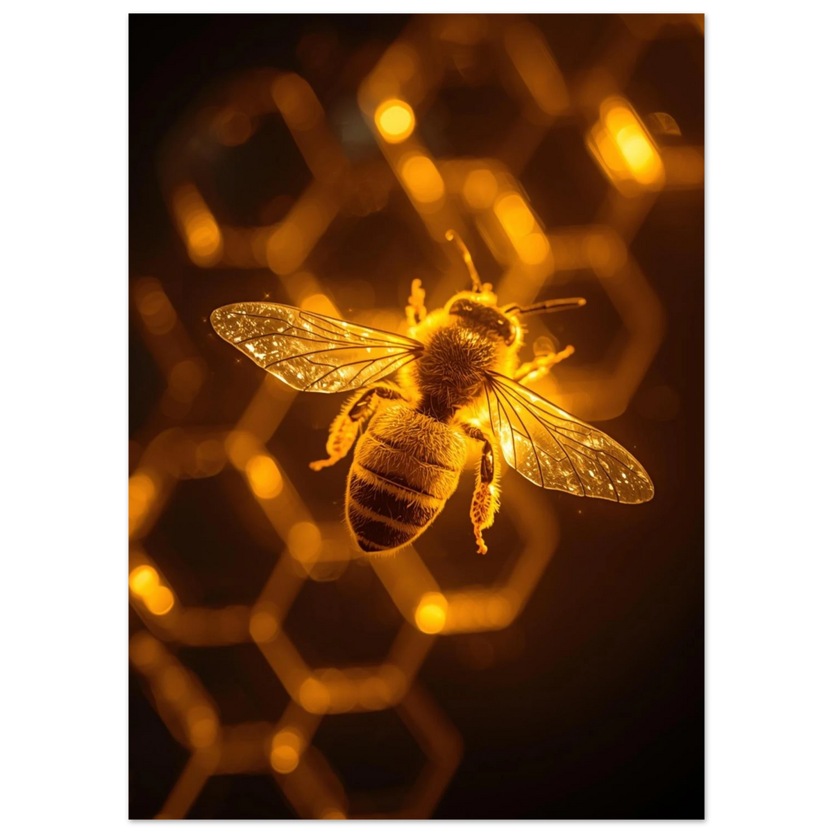 Närbild av ett bi i gyllene ljus med geometriska vaxkakor – naturmotiv