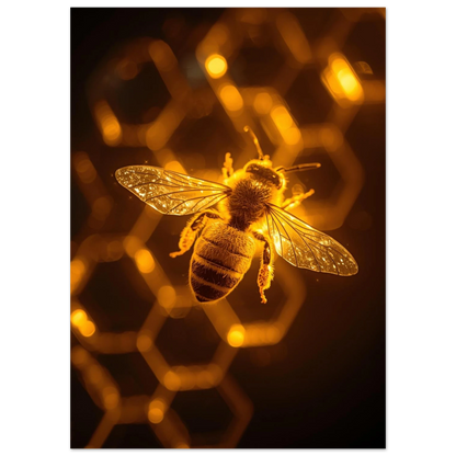 Närbild av ett bi i gyllene ljus med geometriska vaxkakor – naturmotiv