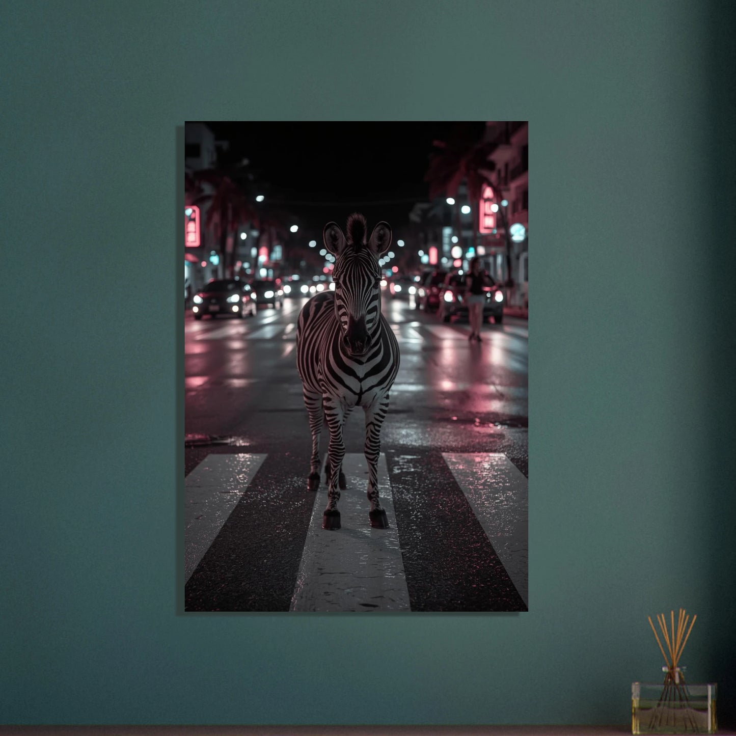 Zebra på övergångsställe i upplyst stadsgata under natten, urban mystik