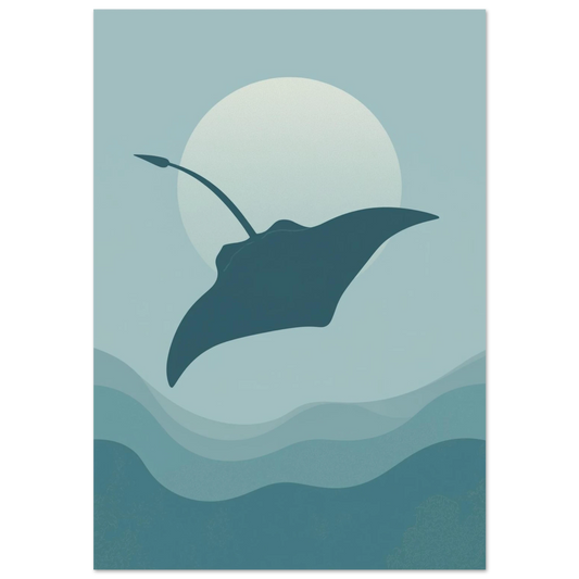 Mantarocka som simmar framför en stor måne – minimalistisk blå djurposter