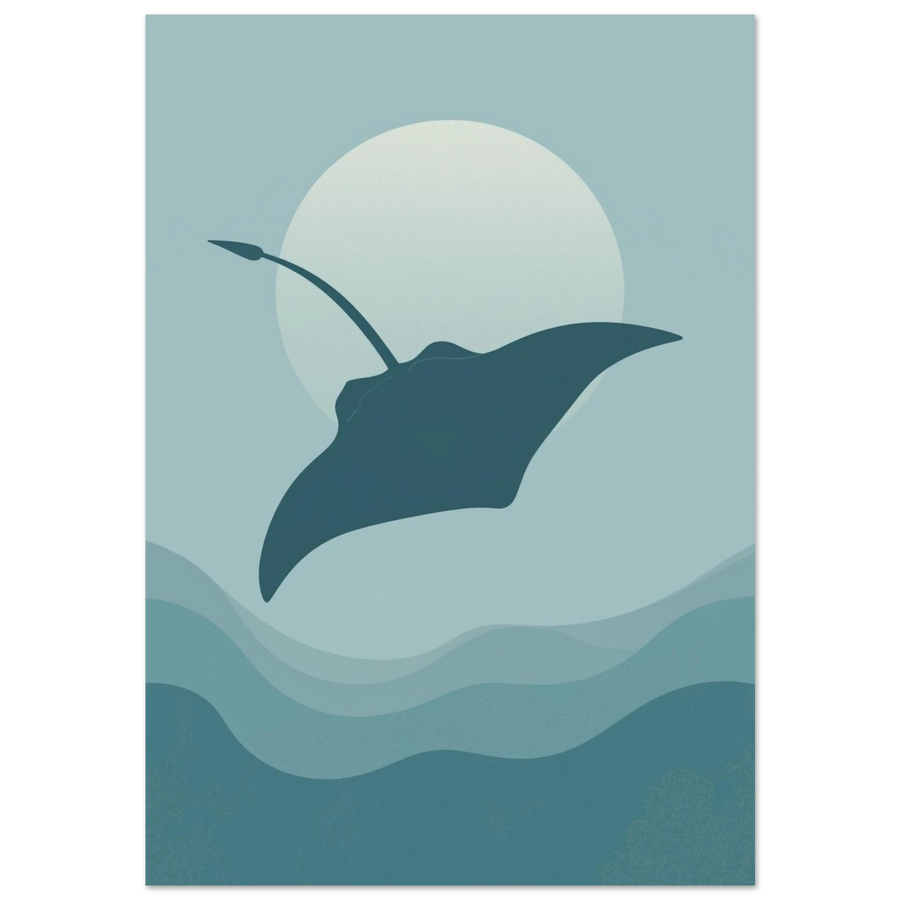 Mantarocka som simmar framför en stor måne – minimalistisk blå djurposter