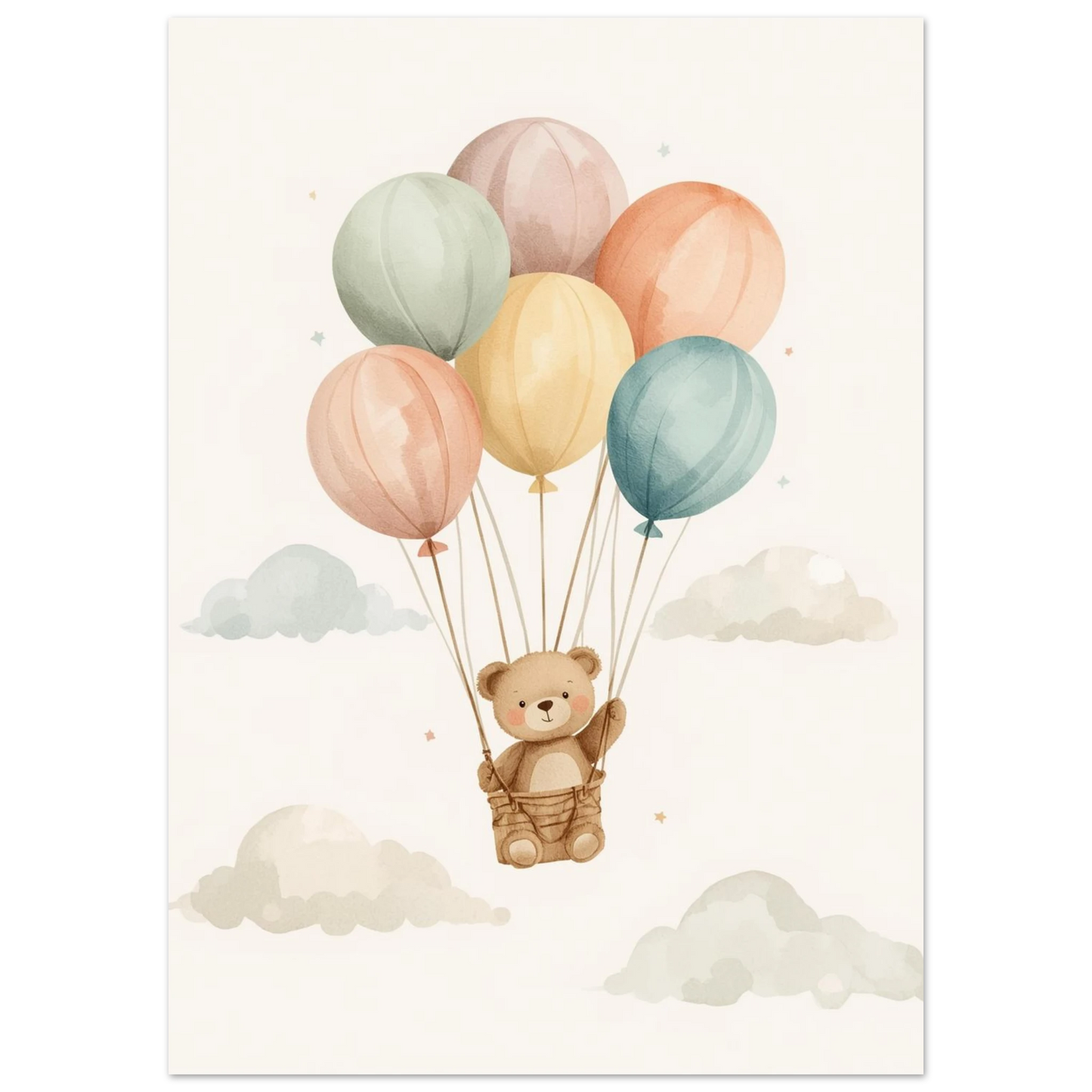 Brun nallebjörn som svävar med pastellfärgade ballonger, illustrerad barnposter