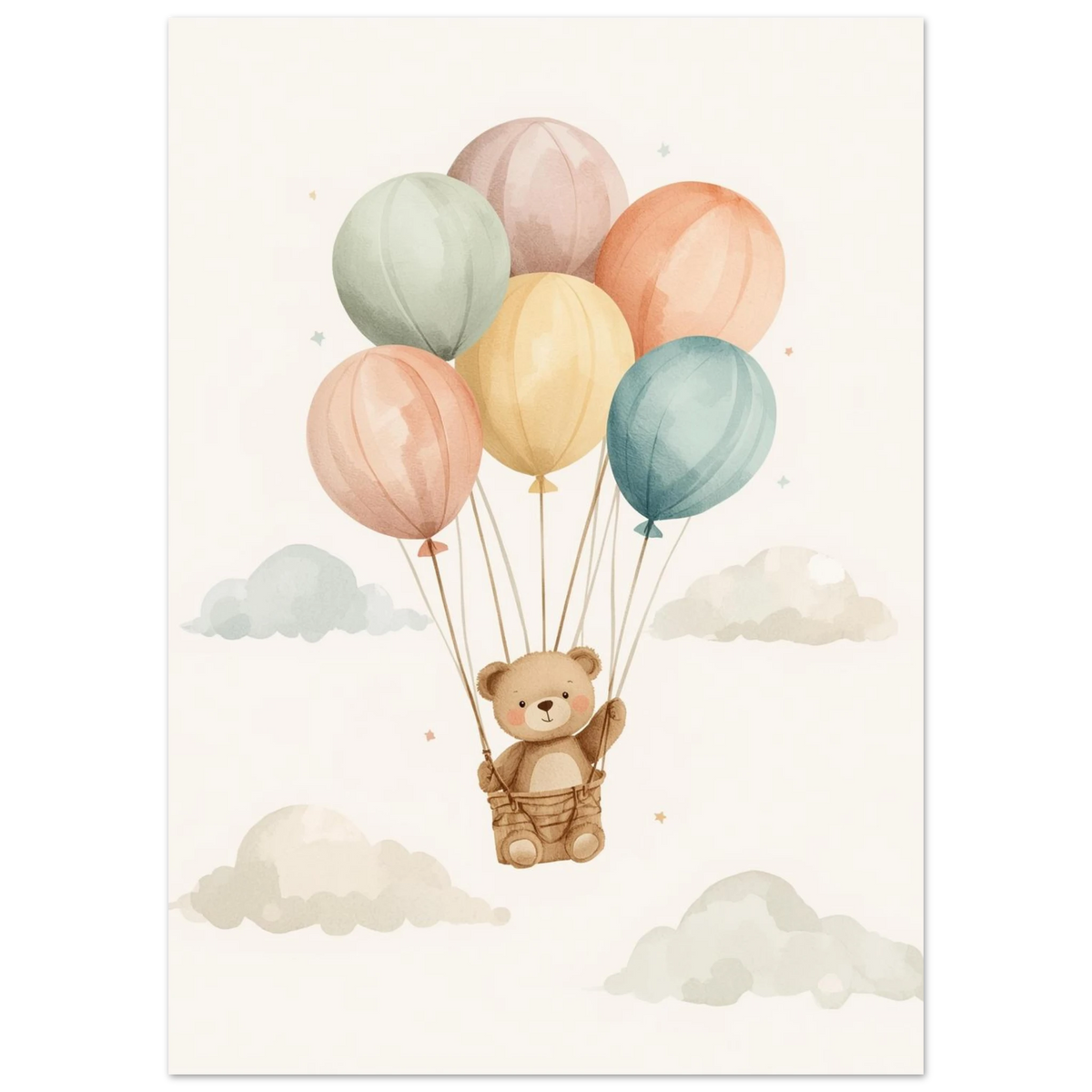 Brun nallebjörn som svävar med pastellfärgade ballonger, illustrerad barnposter