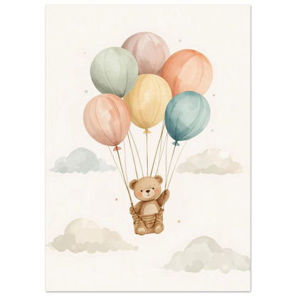 Brun nallebjörn som svävar med pastellfärgade ballonger, illustrerad barnposter