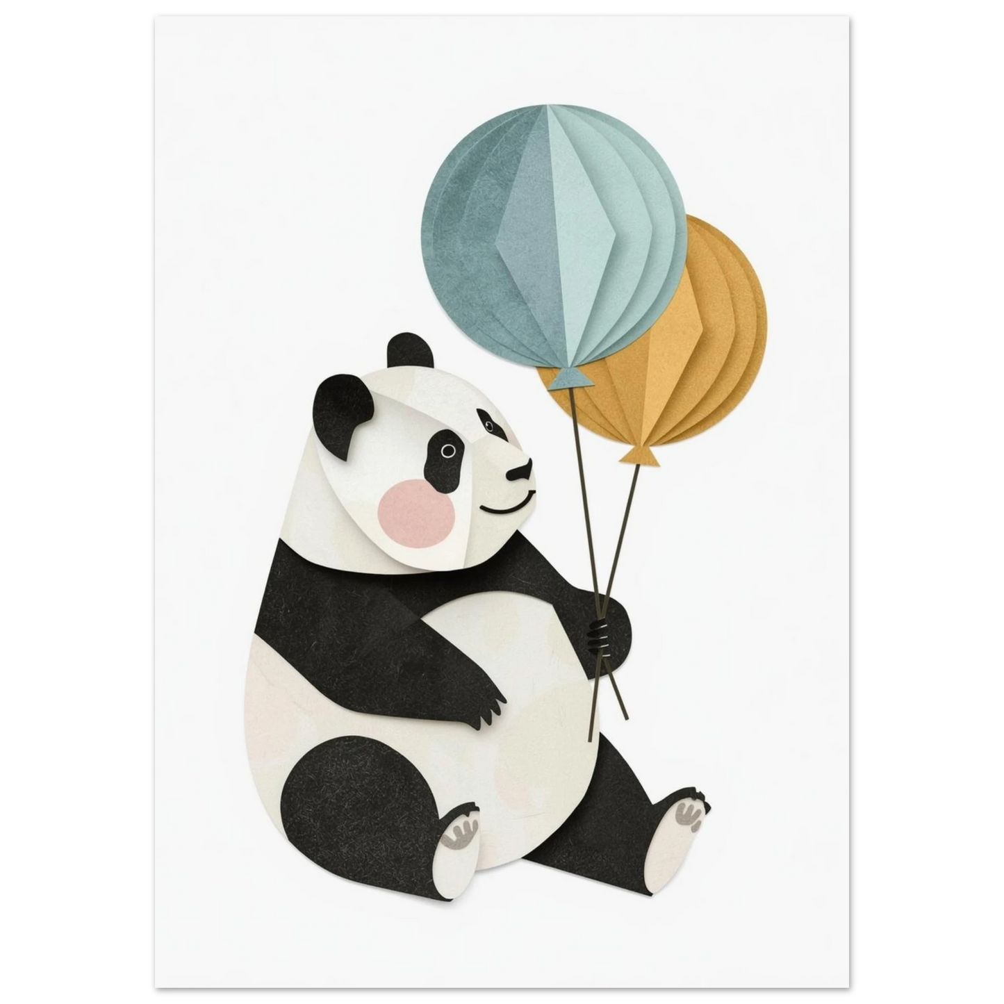 Grafisk illustration av en panda som håller ballonger, vit bakgrund
