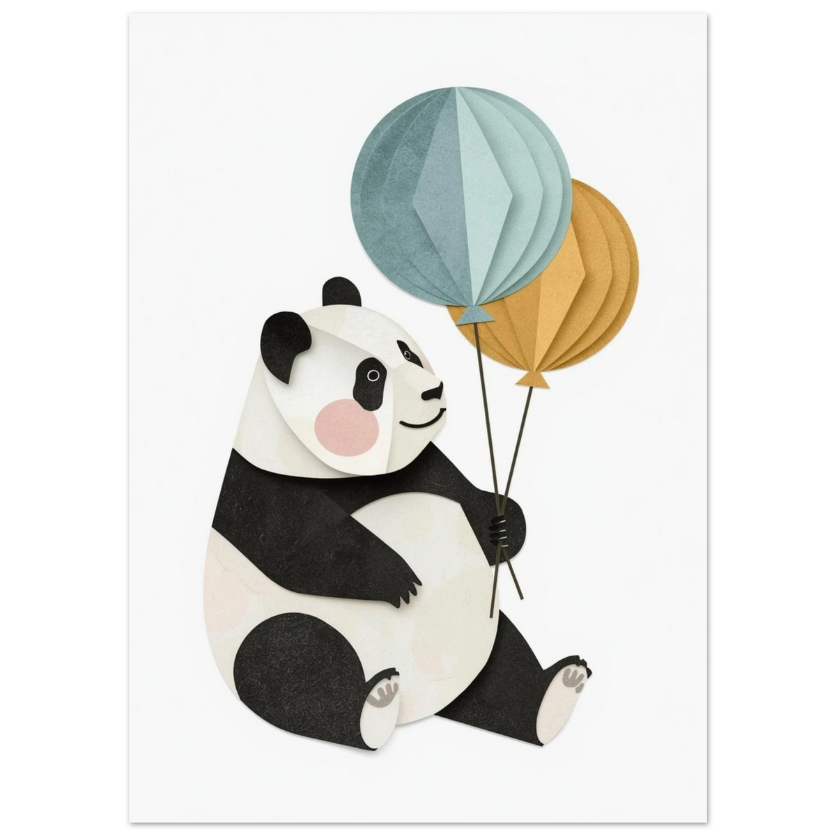 Grafisk illustration av en panda som håller ballonger, vit bakgrund