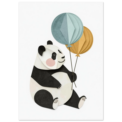 Grafisk illustration av en panda som håller ballonger, vit bakgrund