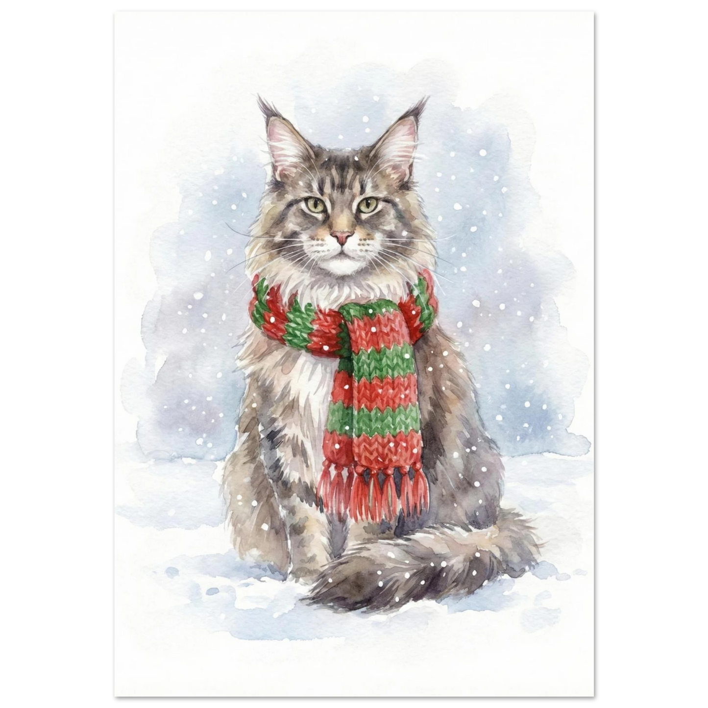 Maine Coon i rödgrön halsduk sittandes i snöfall, akvarellmålning