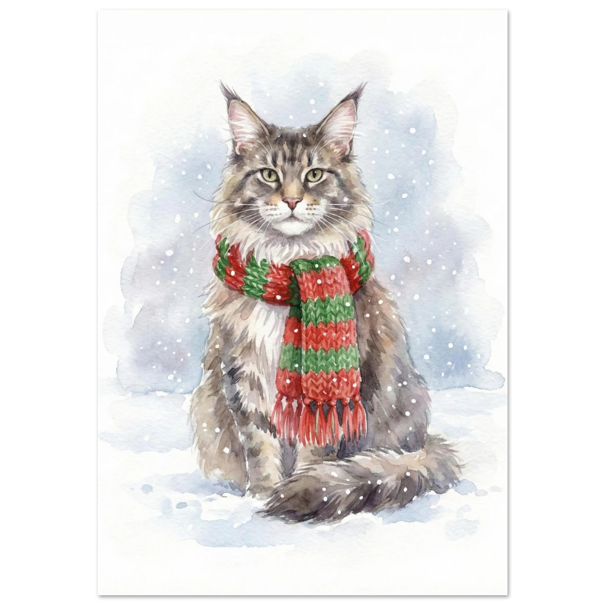 Maine Coon i rödgrön halsduk sittandes i snöfall, akvarellmålning