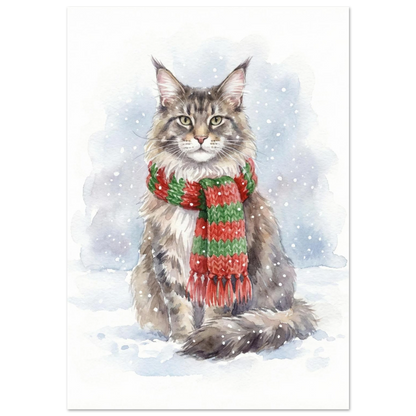 Maine Coon i rödgrön halsduk sittandes i snöfall, akvarellmålning