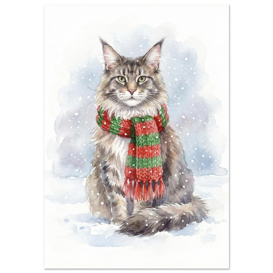 Maine Coon i rödgrön halsduk sittandes i snöfall, akvarellmålning