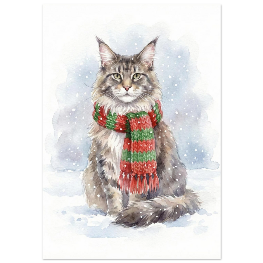 Maine Coon i rödgrön halsduk sittandes i snöfall, akvarellmålning
