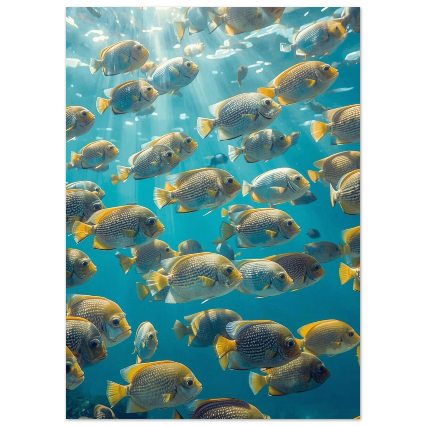 Undervattensfoto med fiskstim och solstrålar genom vattenytan – djurposter