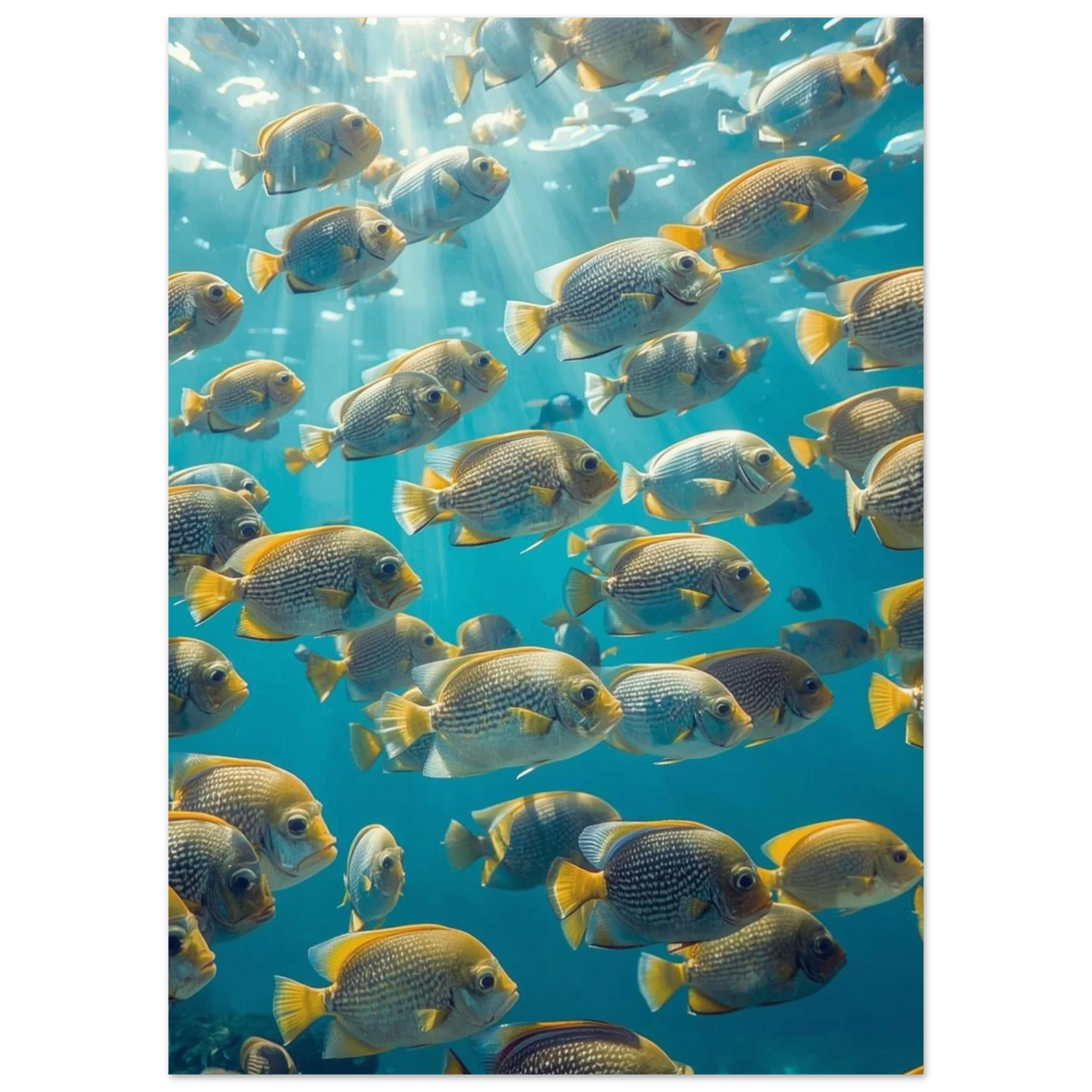 Undervattensfoto med fiskstim och solstrålar genom vattenytan – djurposter