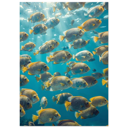 Undervattensfoto med fiskstim och solstrålar genom vattenytan – djurposter