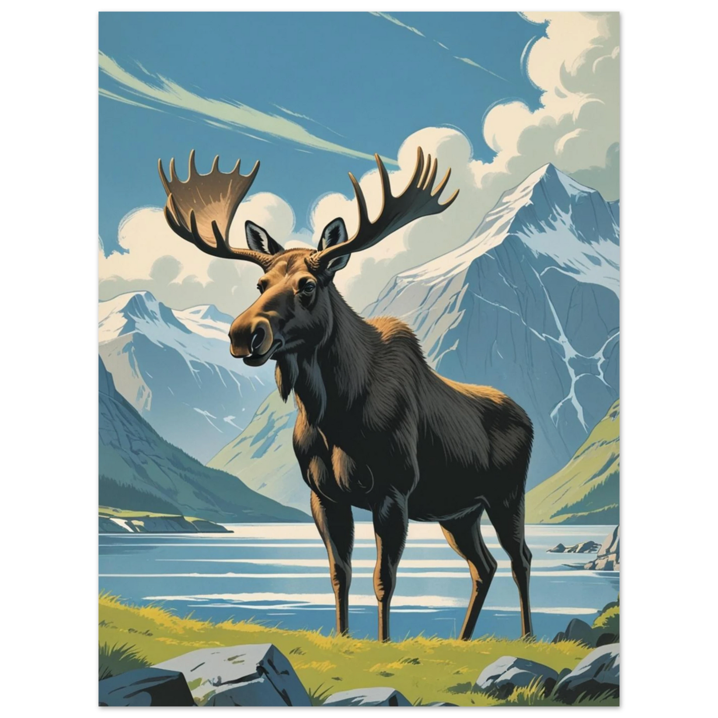 Majestätisk älg framför spegelblank sjö och dramatiska fjäll – naturmotiv