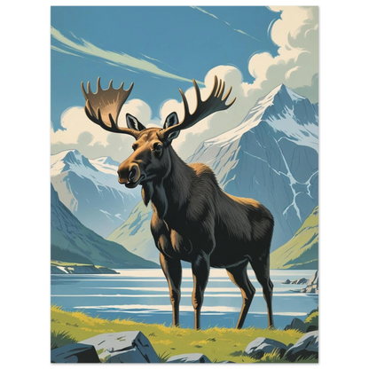 Majestätisk älg framför spegelblank sjö och dramatiska fjäll – naturmotiv