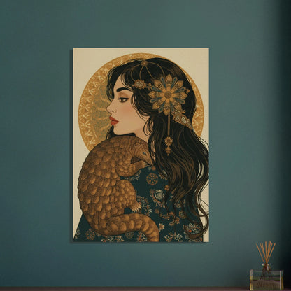 Myrkott vilande mot kvinnas axel, detaljerad illustration, lugn stämning