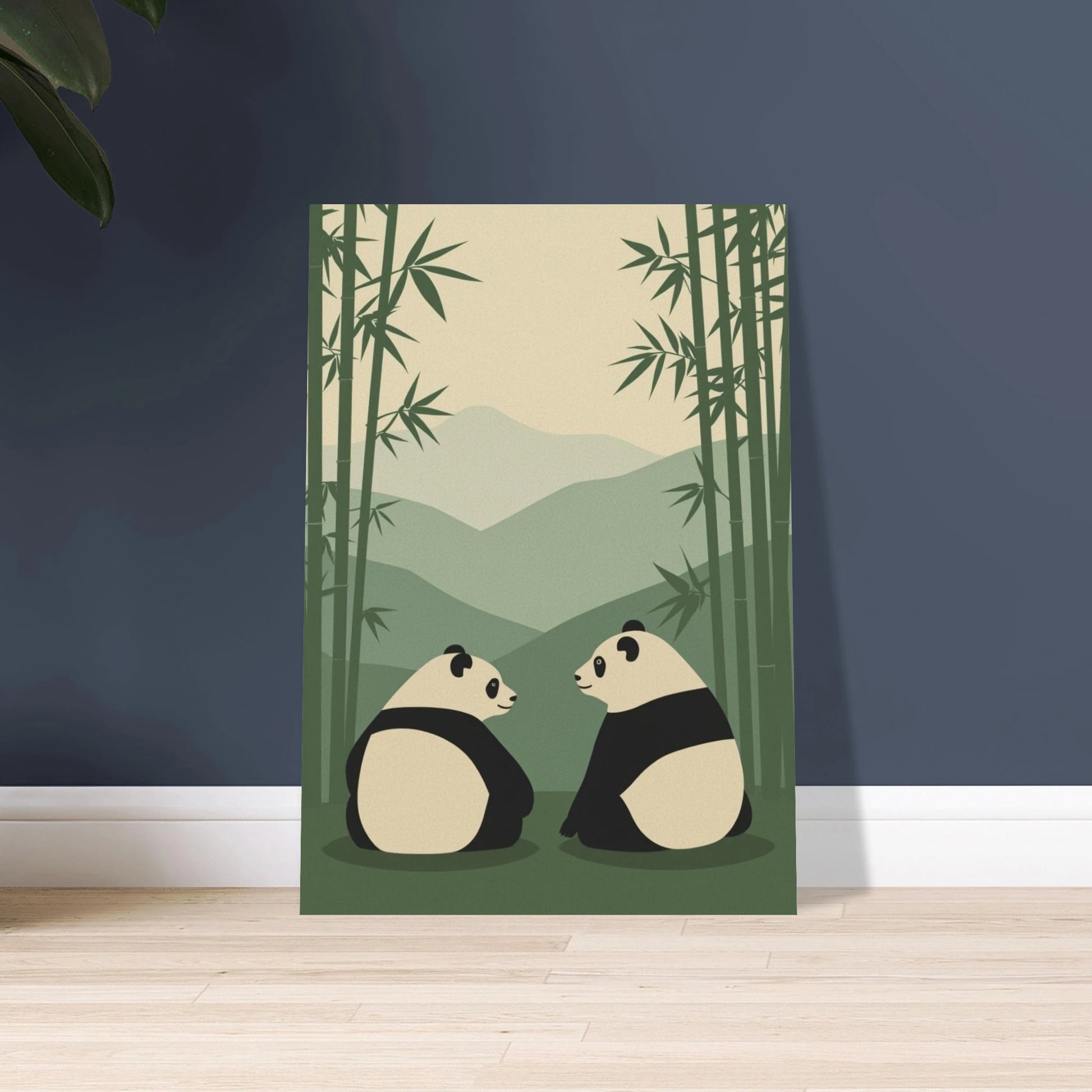 Två pandor i minimalistisk retrostil, omgivna av bambu och berg.