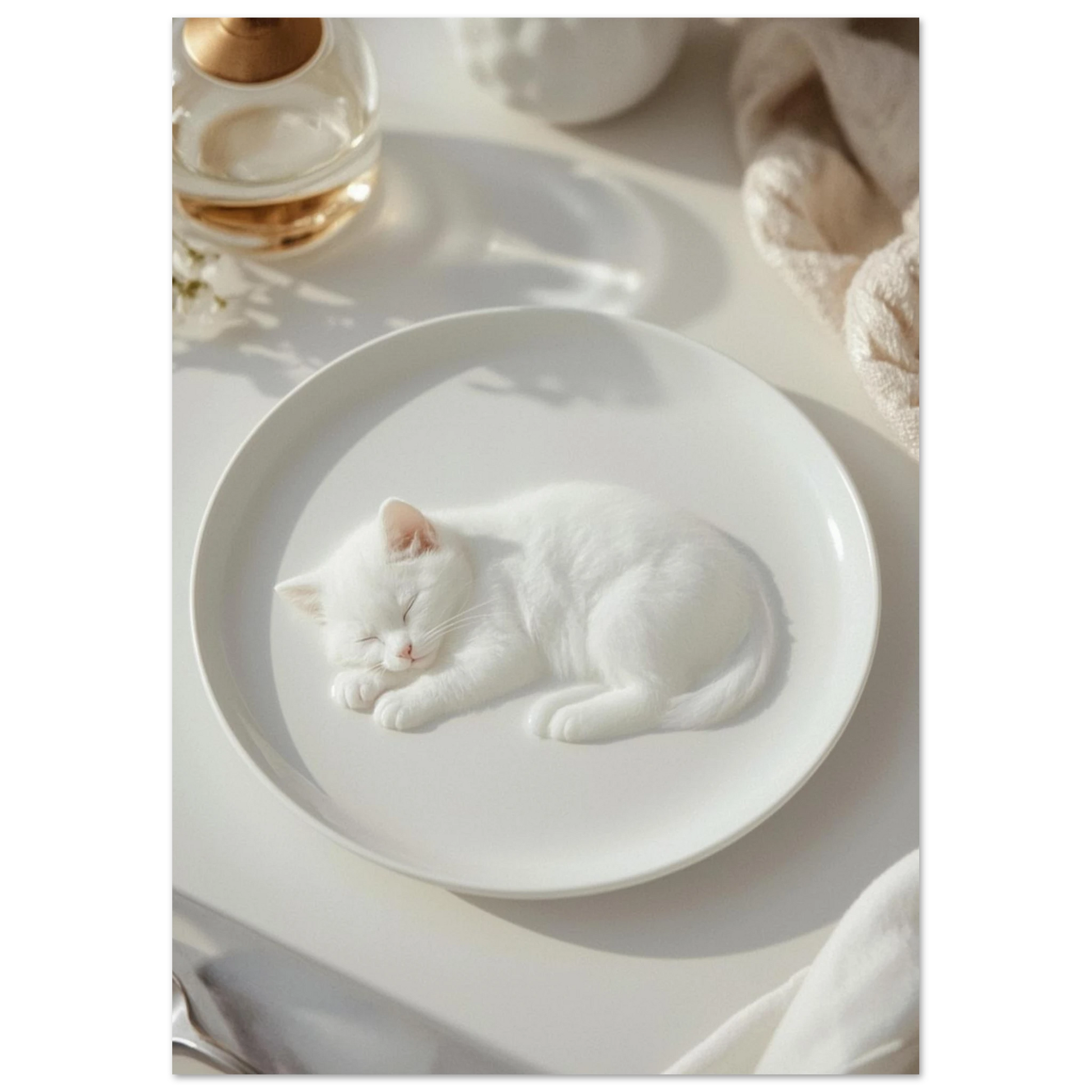Drömsk illustration av en liten kattunge på vit porslinstallrik