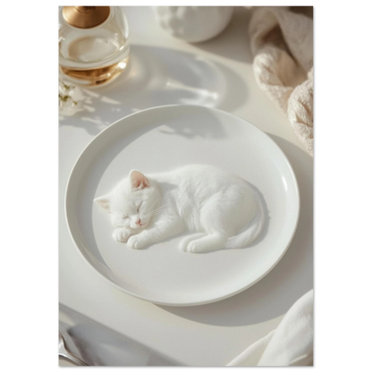 Drömsk illustration av en liten kattunge på vit porslinstallrik