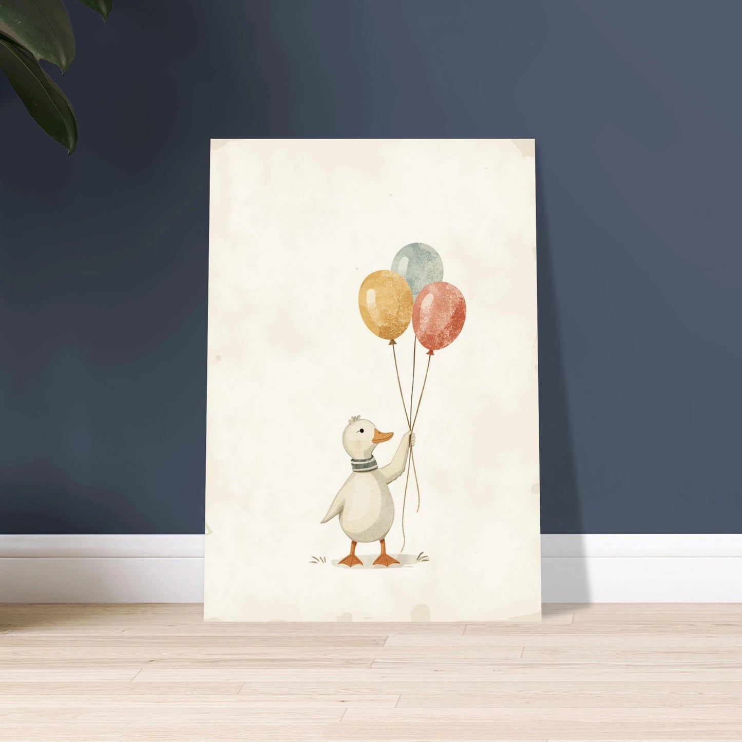 Anka med ballonger i vintage stil, lekfullt djurmotiv för barnrummet