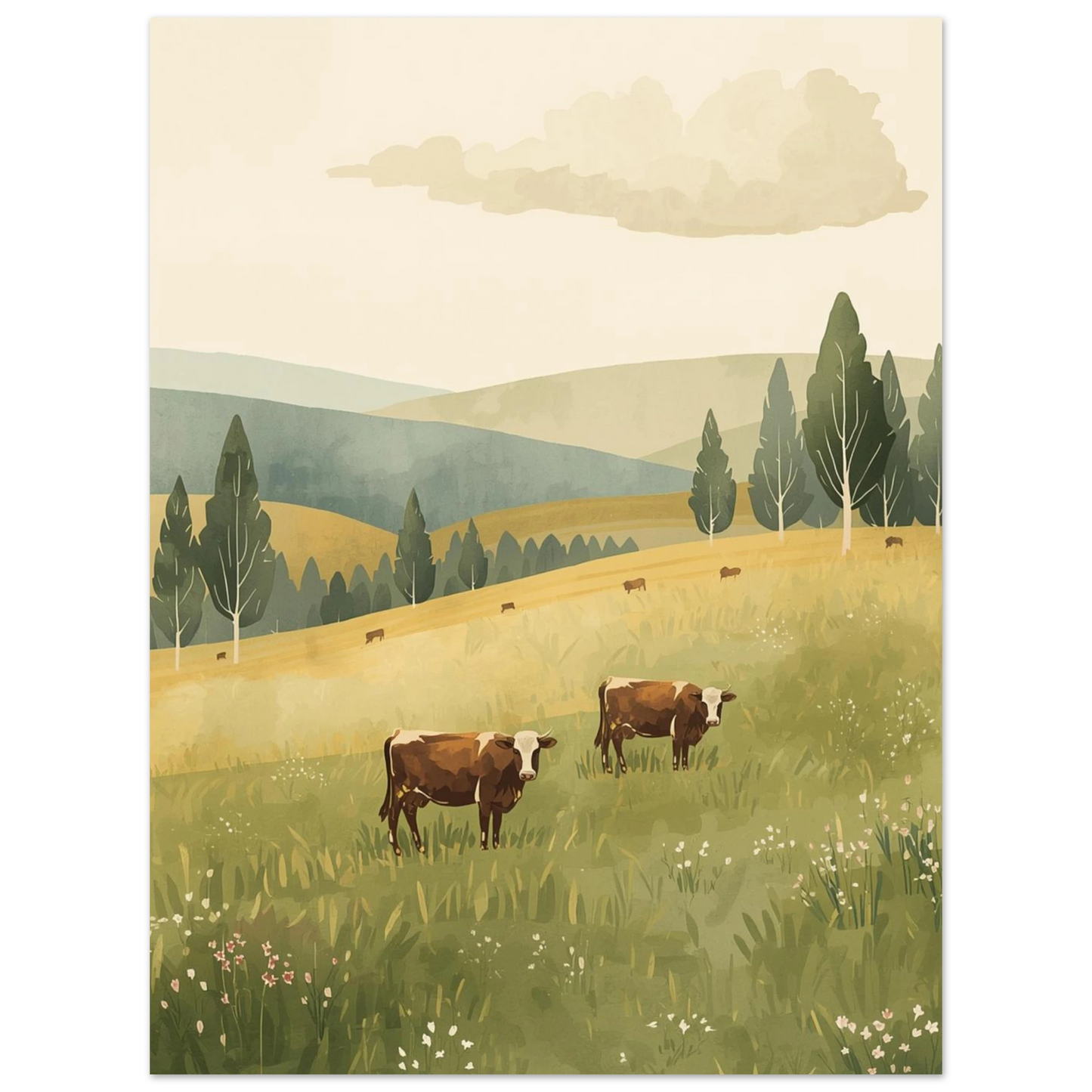 Illustration av kor på bete under en molnig sommarhimmel