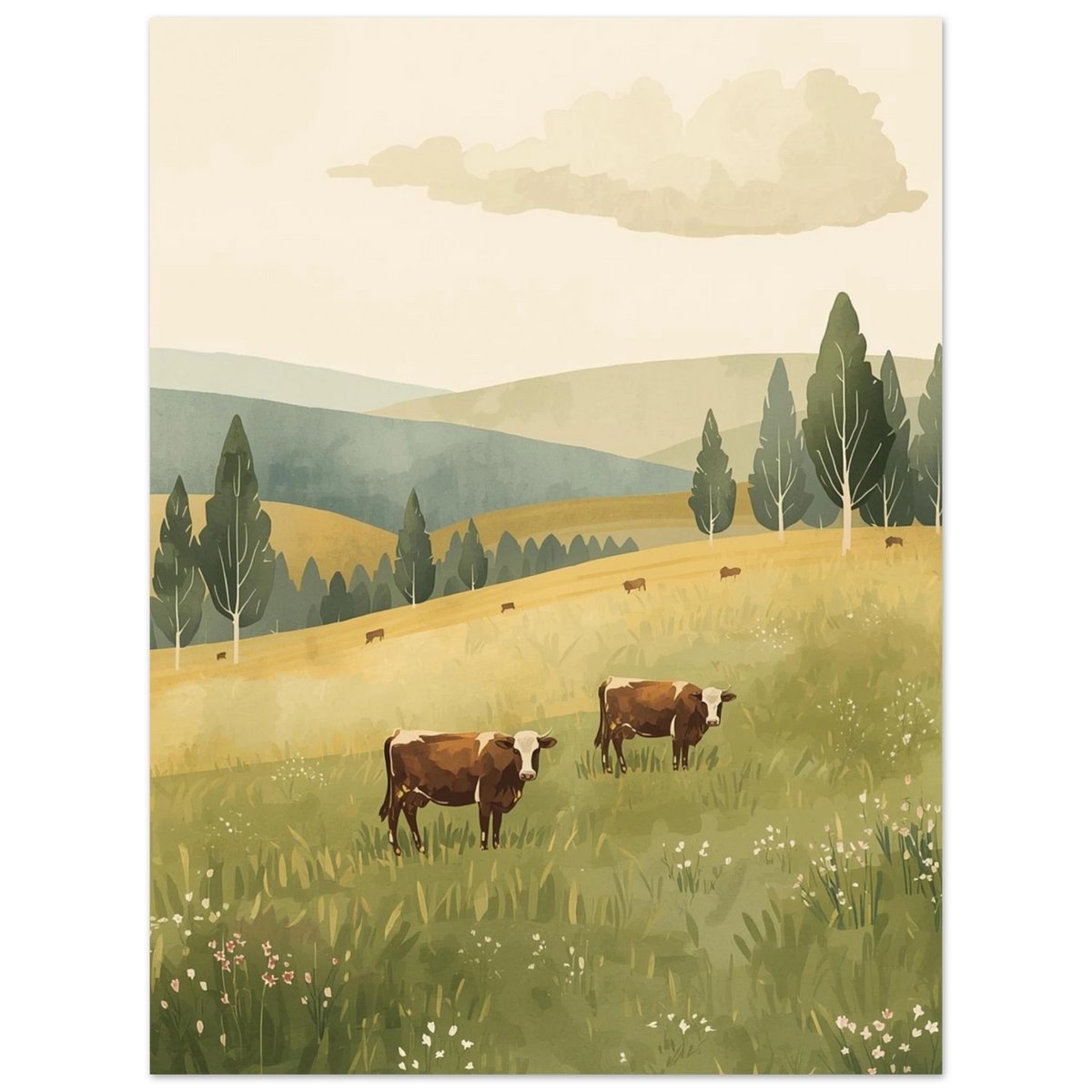 Illustration av kor på bete under en molnig sommarhimmel