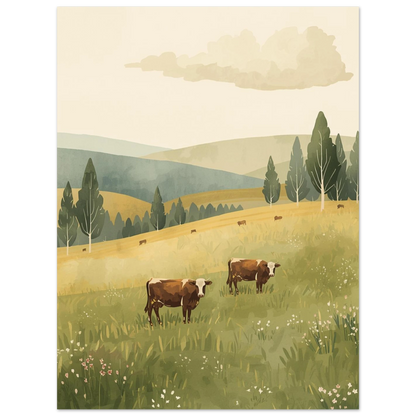 Illustration av kor på bete under en molnig sommarhimmel