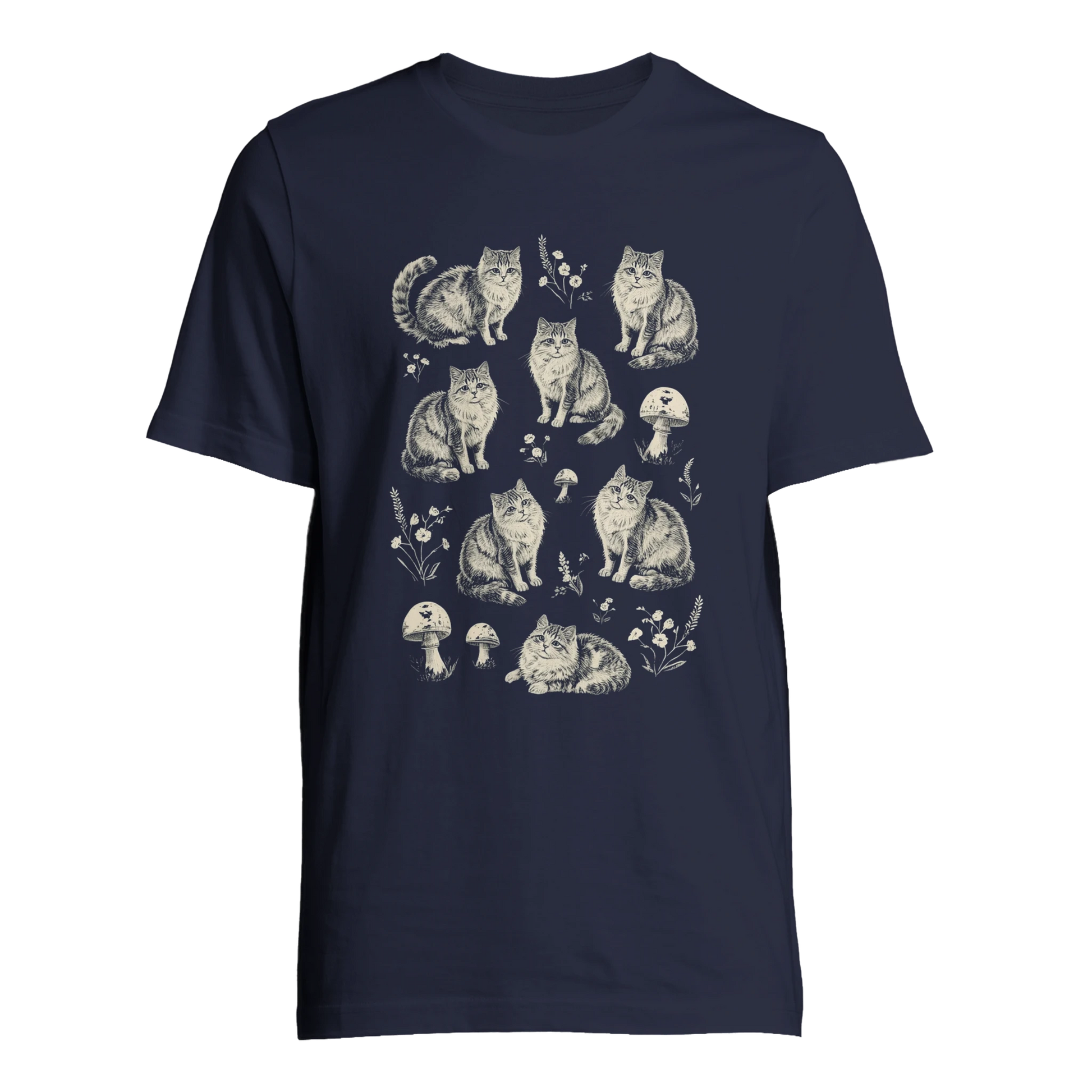 Mörkblå t-shirt med grafiskt motiv av sittande katter och små skogssvampar