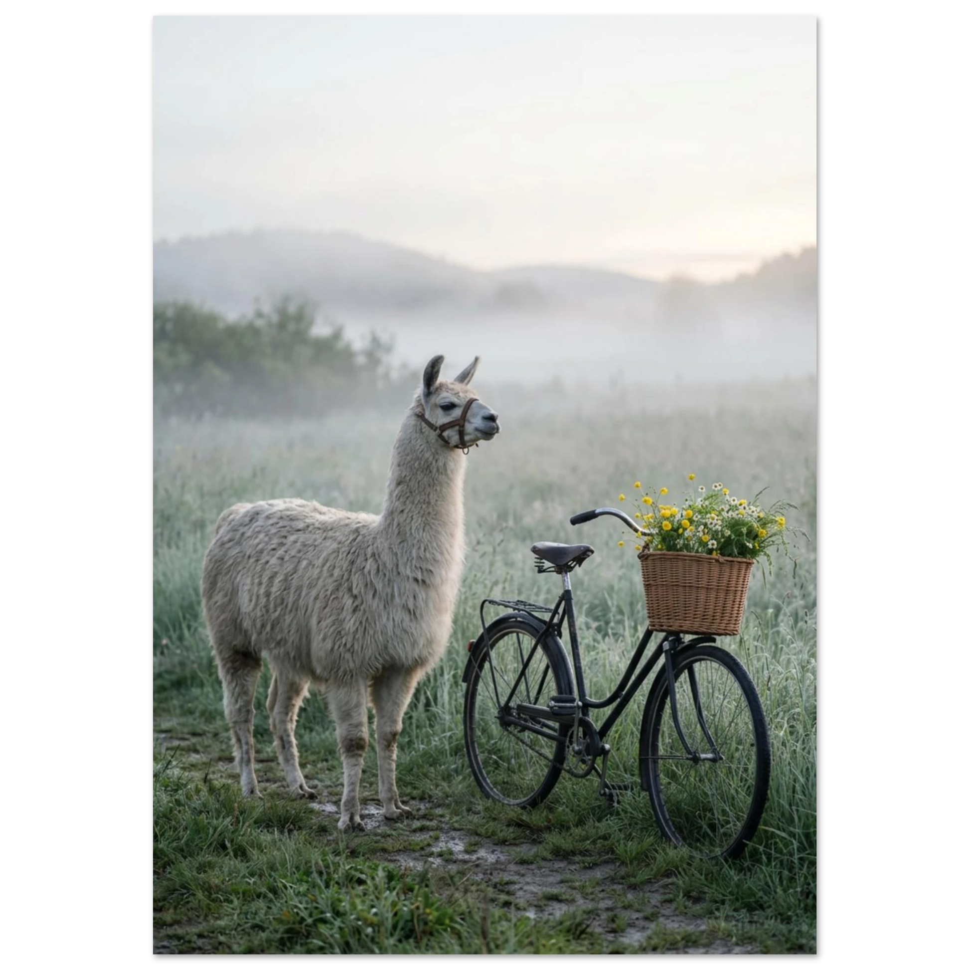 Elegant lama i dimmigt landskap bredvid vintagecykel med blommor.