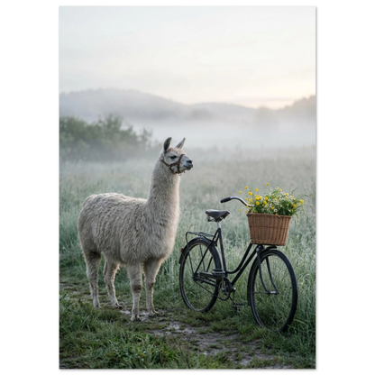 Elegant lama i dimmigt landskap bredvid vintagecykel med blommor.