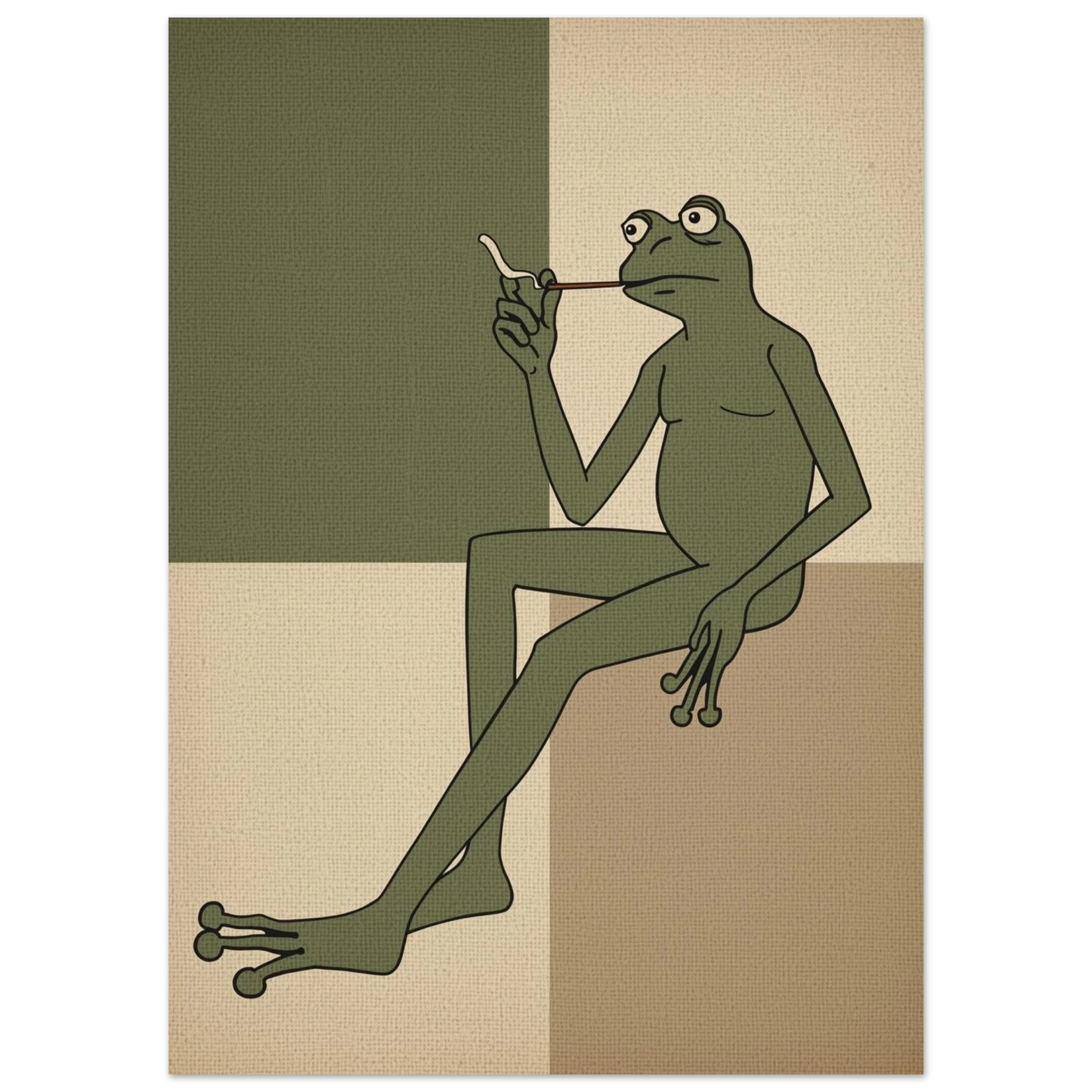 Minimalistisk illustration av en sittande groda i dova naturfärger