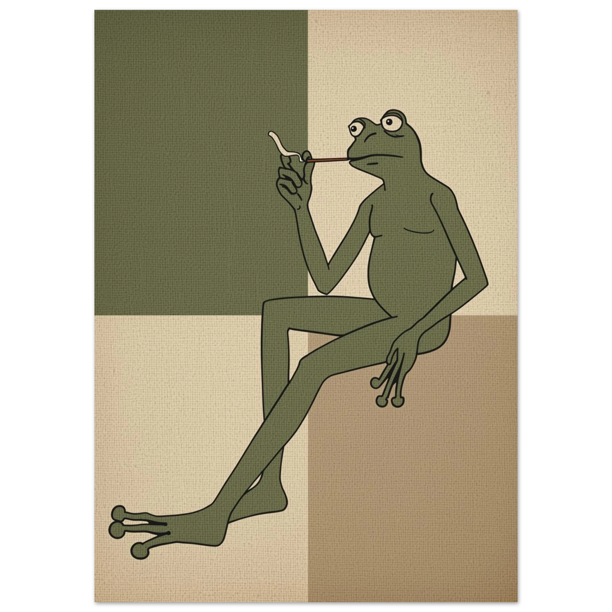 Minimalistisk illustration av en sittande groda i dova naturfärger