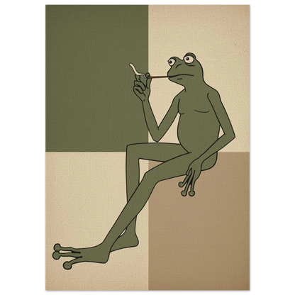Minimalistisk illustration av en sittande groda i dova naturfärger