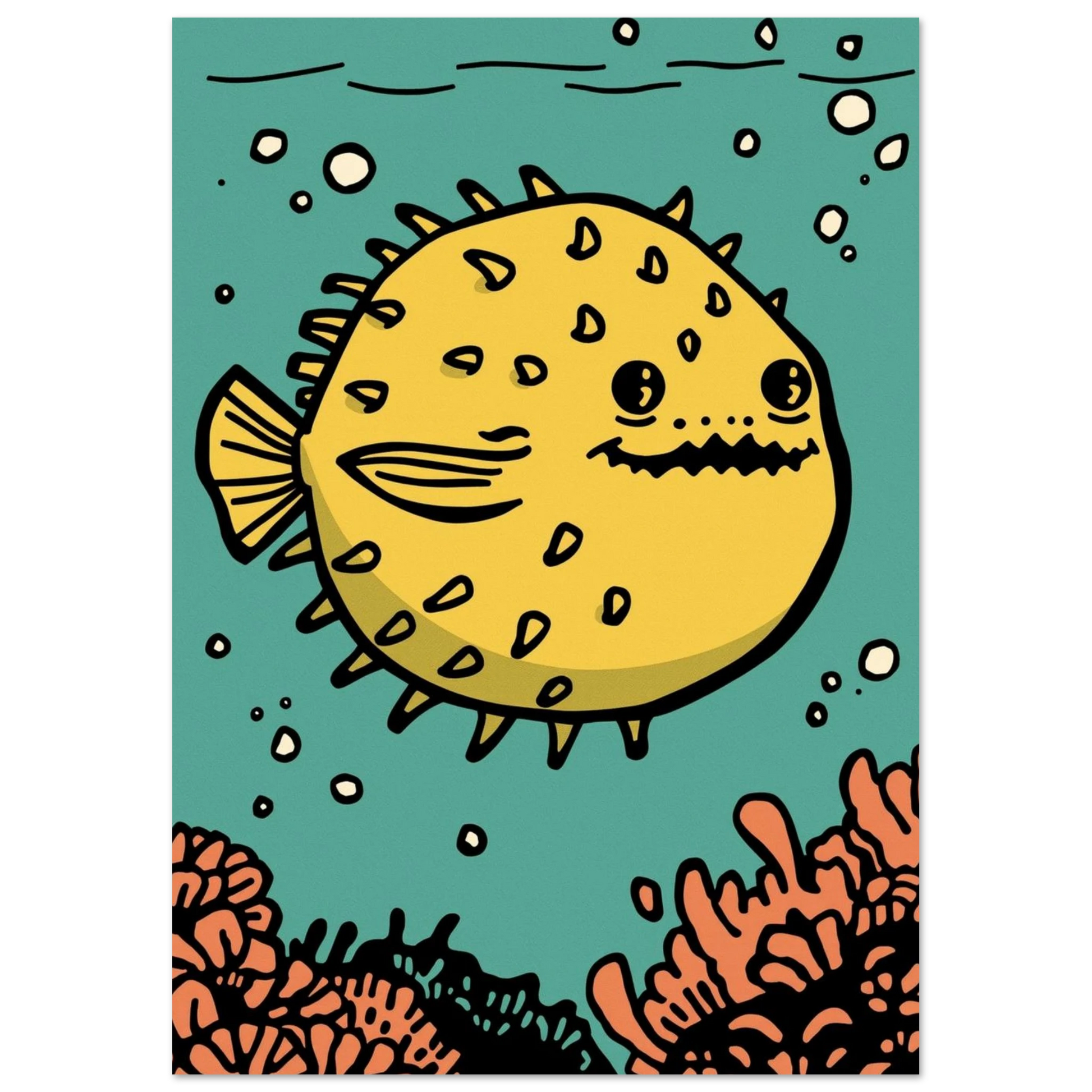 Grafisk illustration av en rund blåsfisk i undervattensmiljö