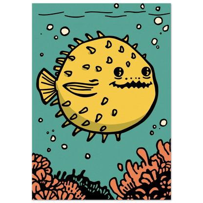 Grafisk illustration av en rund blåsfisk i undervattensmiljö