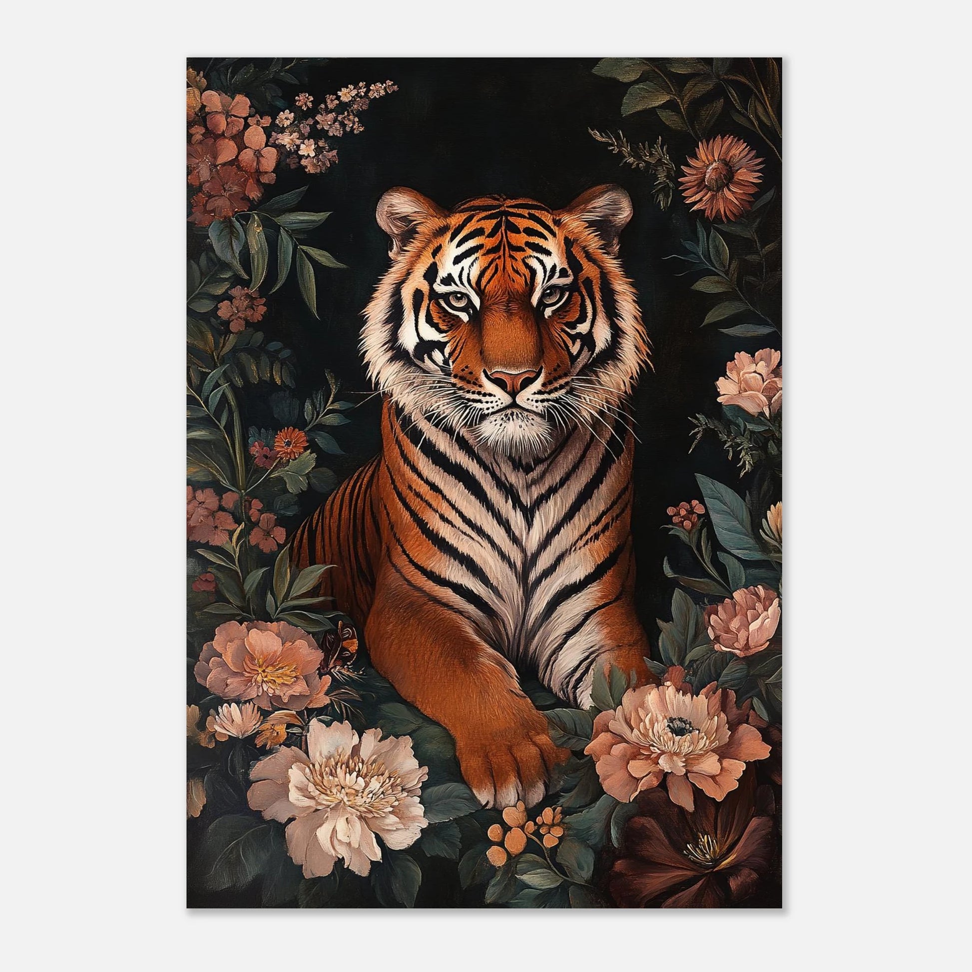 Klassiskt djurmotiv med en majestätisk tiger inramad av vackra blommor
