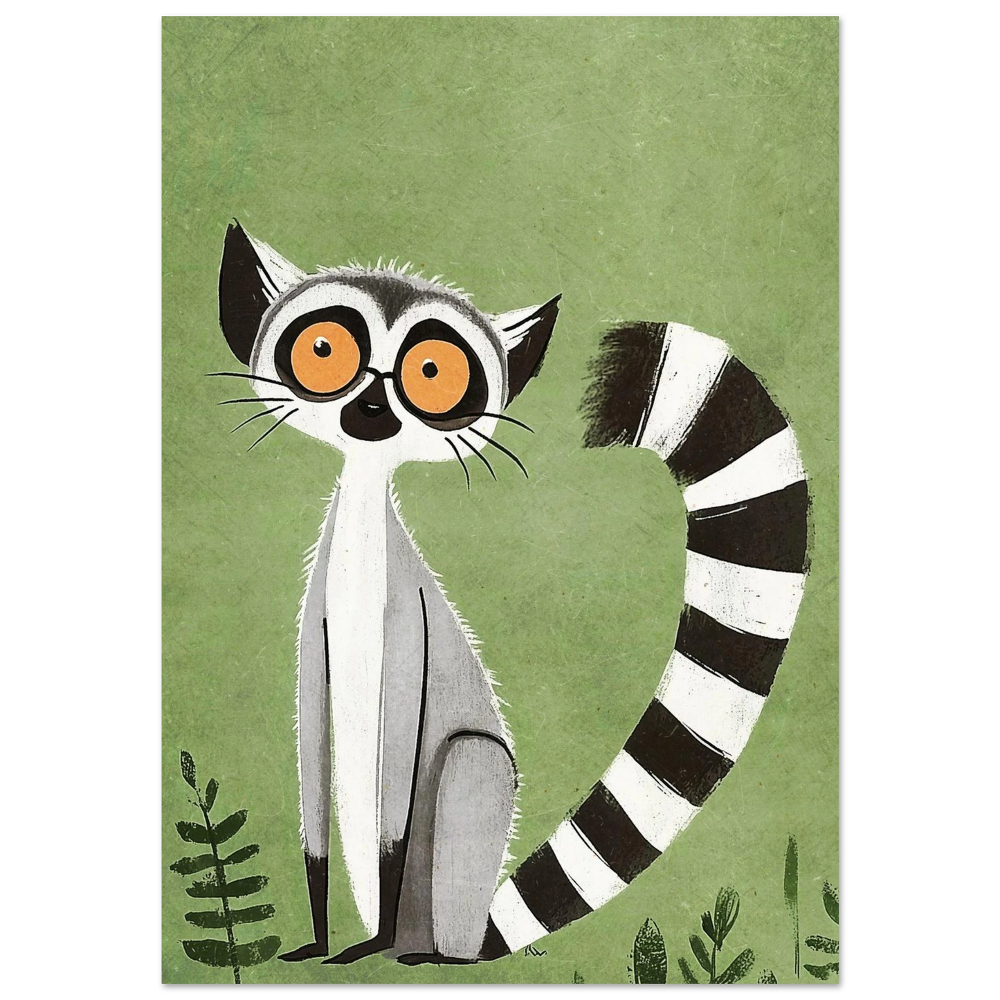 Nyfiken lemur med stora orangea ögon och randig svans, grön bakgrund