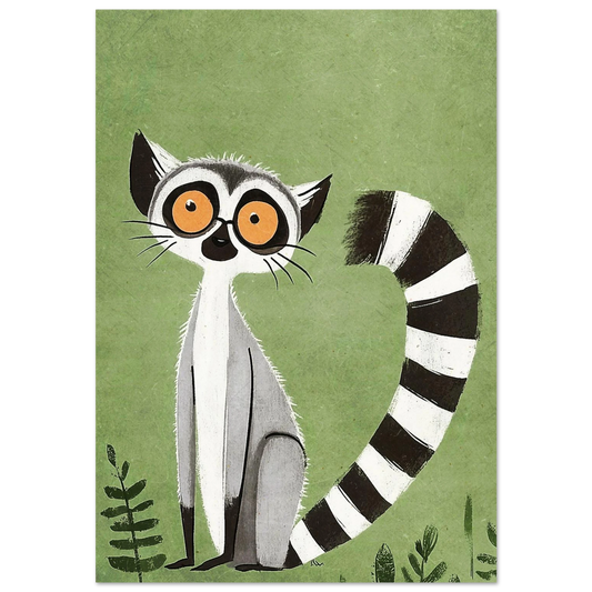 Nyfiken lemur med stora orangea ögon och randig svans, grön bakgrund