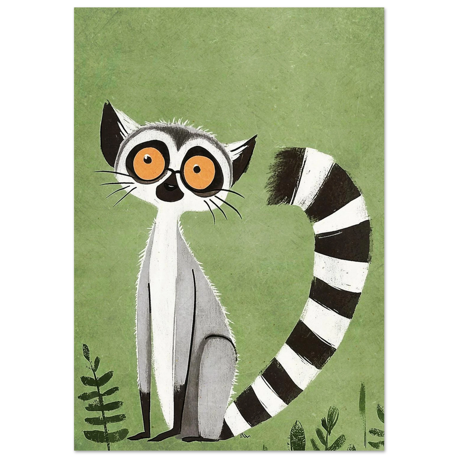 Nyfiken lemur med stora orangea ögon och randig svans, grön bakgrund