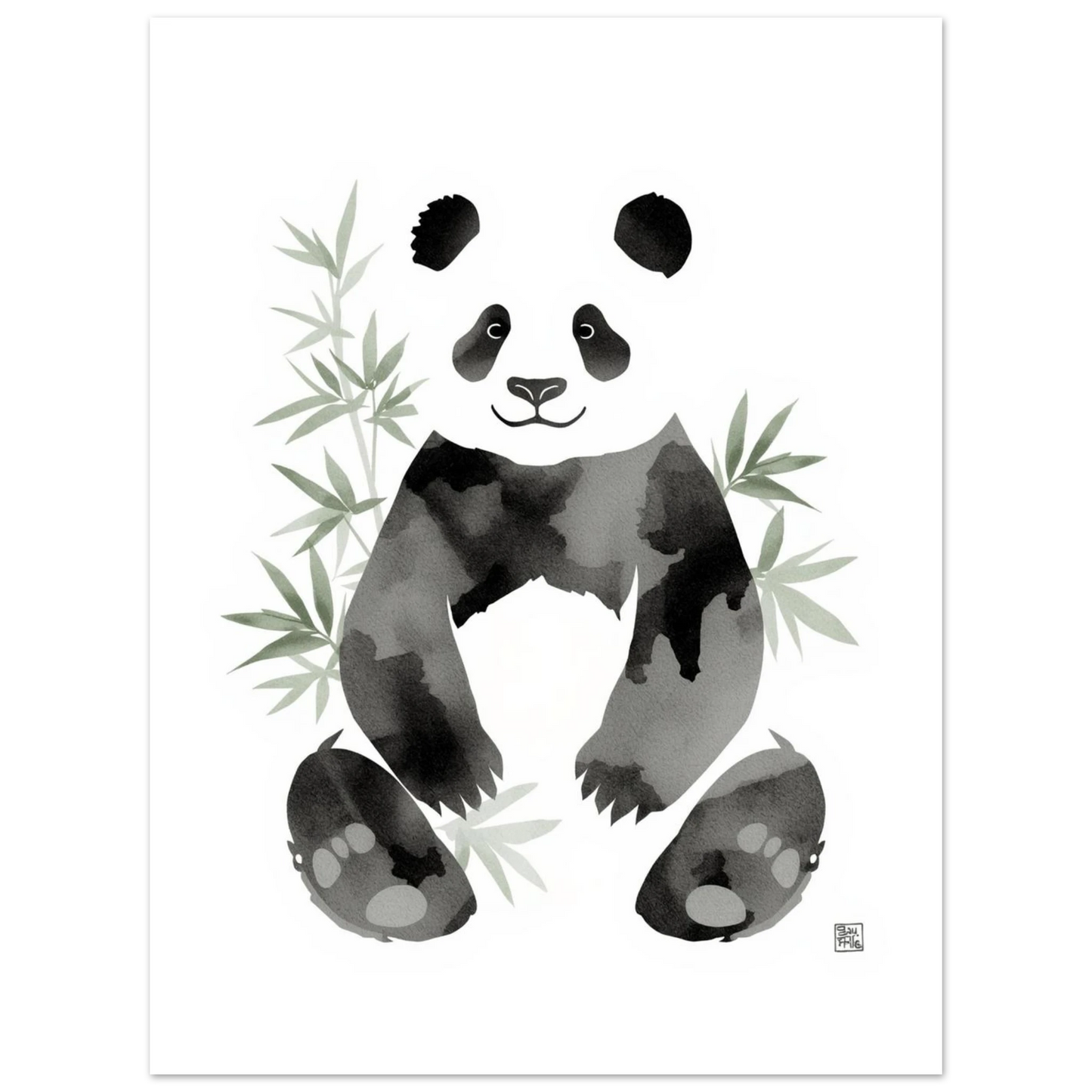 Minimalistisk djurposter föreställande en panda i mjuk akvarellteknik på vit bas