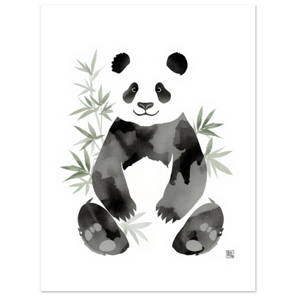 Minimalistisk djurposter föreställande en panda i mjuk akvarellteknik på vit bas