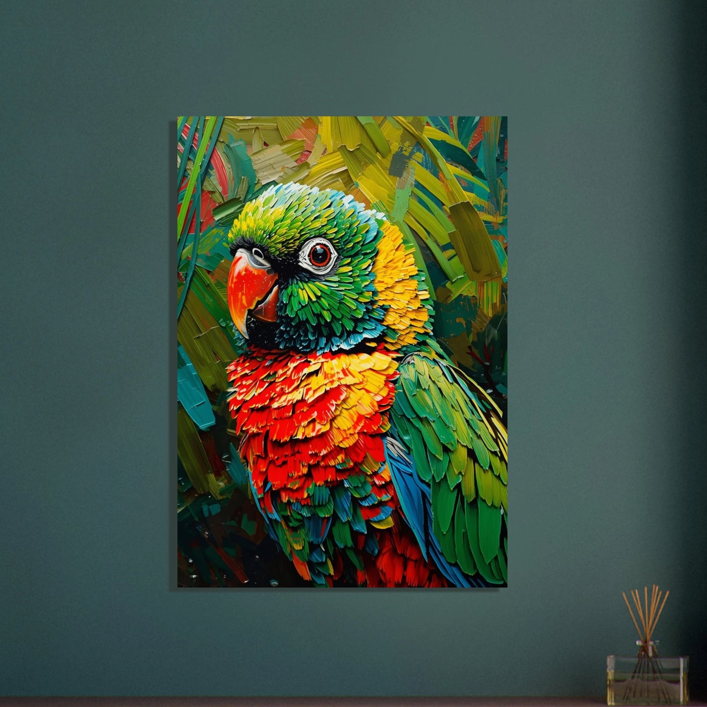 Färgstark papegoja i impasto oljemålning, livfullt djurmotiv