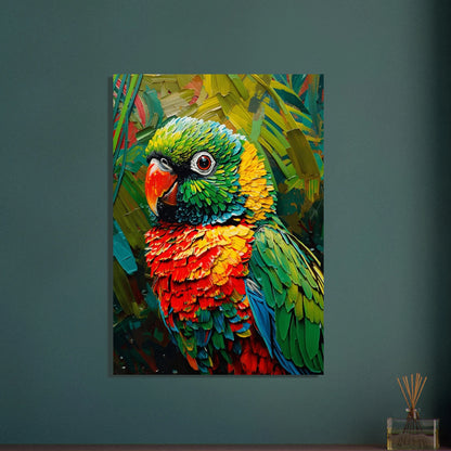 Färgstark papegoja i impasto oljemålning, livfullt djurmotiv